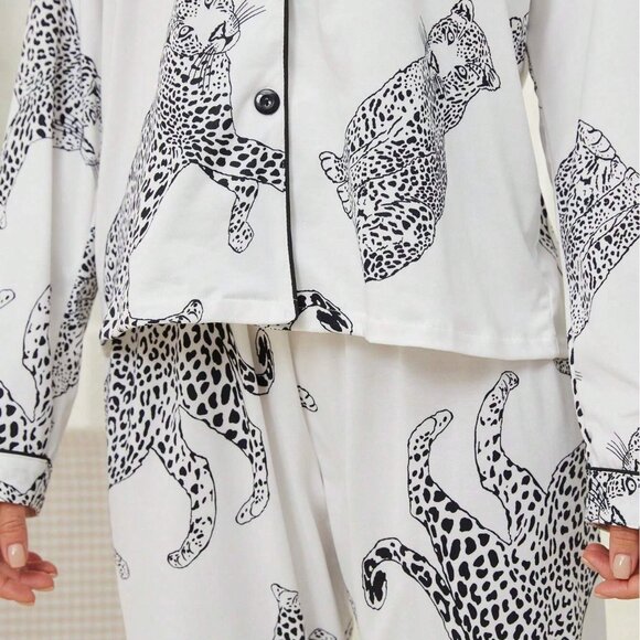 Casual Animal Leopard Print Collared Long Sleeve Top And Loose Pants Comfortable - Picture 8 of 9